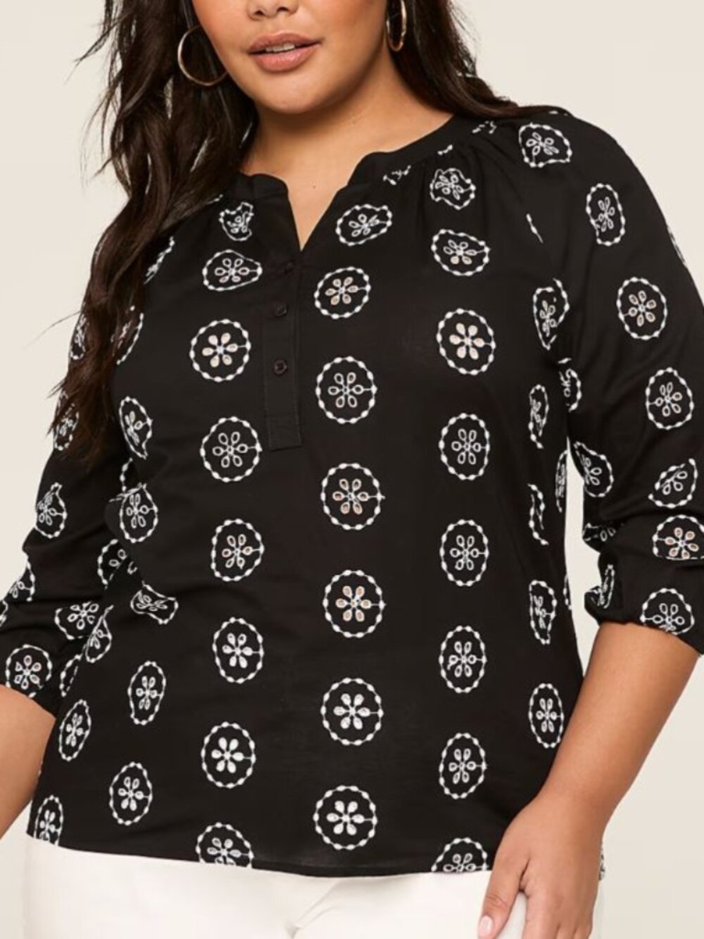 Lane Bryant Embroidered 3/4-Sleeve Split-Neck Popover Blouse Sz 22